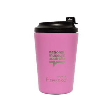 Pink travel mug with black lid and hand symbol design on a white background.