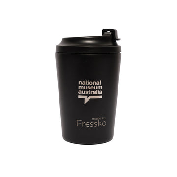 A black travel mug with an image of a hand making a heart gesture. 