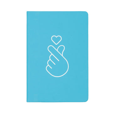 Blue notebook with a white outline of a hand and heart on a white background.
