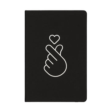 Black notebook with a white hand and heart design on a white background.