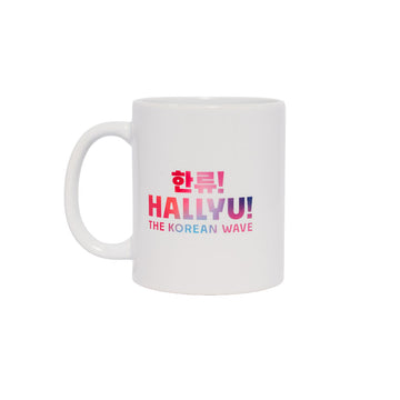 White mug with 'HALLYU! THE KOREAN WAVE' text on a white background.
