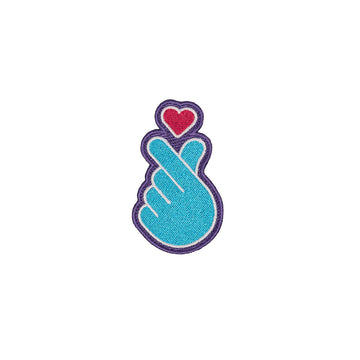 Embroidered patch of a hand with a blue palm and a red heart on a white background.