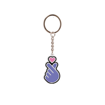 Keychain with a purple hand symbol and pink heart on a white background.