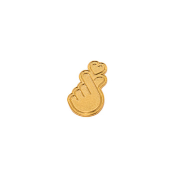 Gold-colored pin with a hand and heart design on a white background.