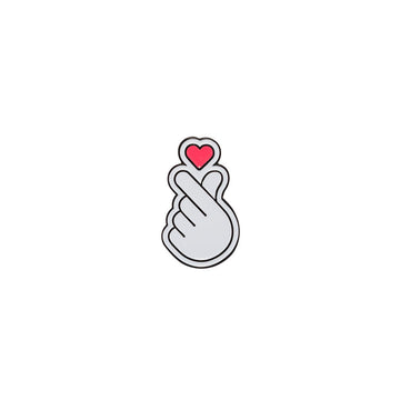 Pin shaped like a hand with a heart symbol on a white background