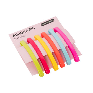 Set of colorful hair clips on Aurora Pin packaging with 'Made in Korea' label.