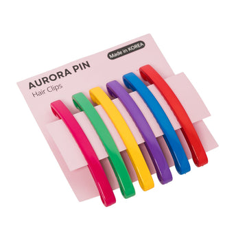 Set of colorful hair clips on Aurora Pin packaging with 'Made in Korea' label.