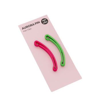 Two hair clips, one pink and one green, on a pink card with 'Aurora Pin' branding.