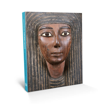 A book on a slight angle showing a blue spine and the text 'Discovering Ancient Egypt'. There is a close up photo of a person with long hair and made from wood on the front cover.
