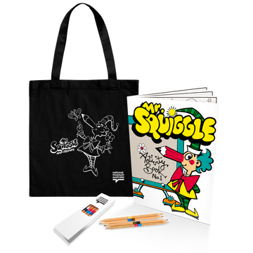 Black tote bag with 'Squiggle' design, activity book, and pencils on a white background.
