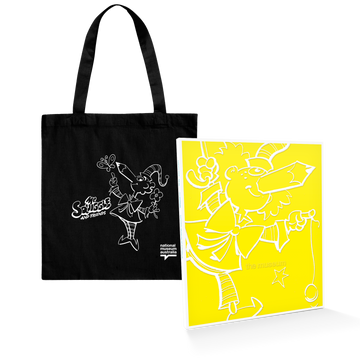 Black tote bag and yellow magazine with white illustrations on a white background.