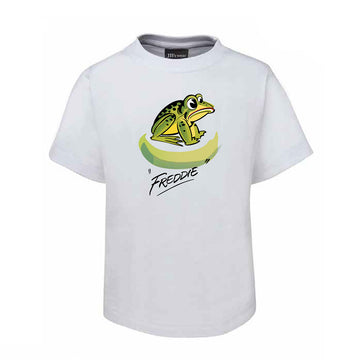 A white kids tshirt with an illustration of a frog on the front and the text 'Freddie'.