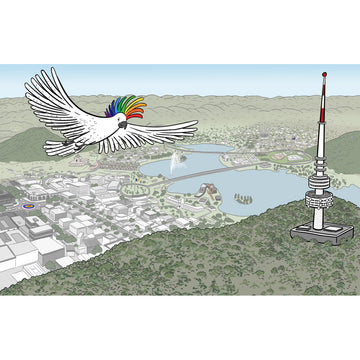 Illustration of a cityscape with a rainbow crested cockatoo flying over a tower.