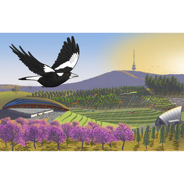 Illustration of a magpie flying over a landscape with trees and buildings.