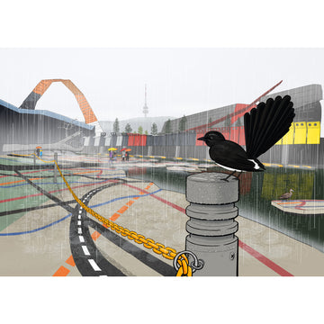 Illustration of a willie wagtail at the National Museum in the rain.