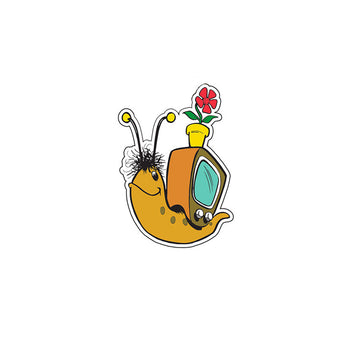 Cartoon snail with a television screen on its shell and flowers on a white background.