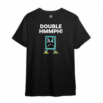 Front view of a black tshirt with the text 'Hmmph!' in white.