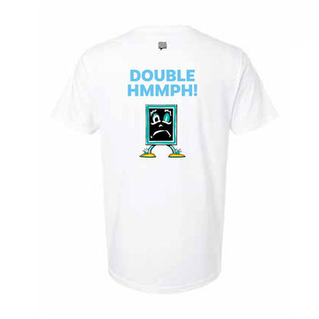 Front view of a white tshirt with the text 'Hmmph!' written in blue.