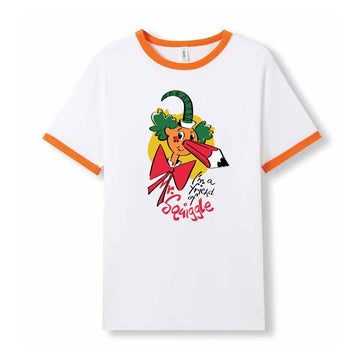 Front view of a white tshirt with orange trim around the collar and sleeves. There is an illustration of Mr Squiggle in the middle.