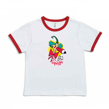 Front view of a white tshirt with red trim around the collar and sleeves. There is an illustration of Mr Squiggle in the middle.