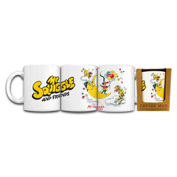 Four coffee mugs with cartoon characters and 'Mr. Squiggle and Friends' text, one in packaging.