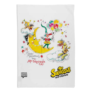 Tea towel with cartoon characters from Mr Squiggle and Friends on a white background.