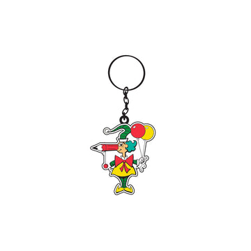 A keyring with a Mr Squiggle shaped charm hanging off it.