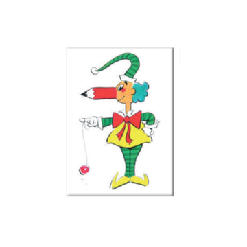 An illustration of Mr Squiggle holding a yoyo on a white rectangle magnet.