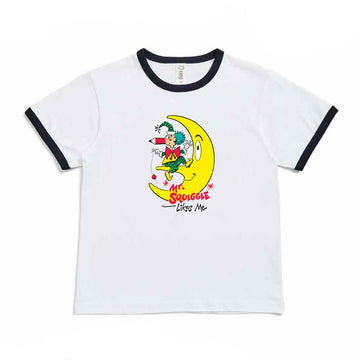 Front view of a white tshirt with black trim around the collar and sleeves. There is an illustration of Mr Squiggle in the middle sitting on the moon.