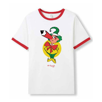 Front view of a white tshirt with red trim around the collar and sleeves. There is an illustration of Mr Squiggle in the middle.