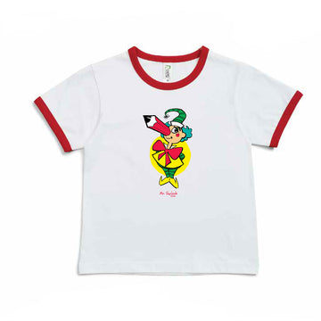Front view of a kids white tshirt with red trim on the collar and sleeves. There is an illustration of Mr Squiggle in the middle.