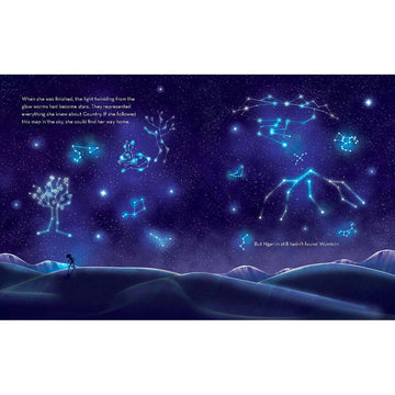 'The Bunyip and the Stars' book cover featuring an illustration of two people standing on a rock near a lake looking up at the stars.