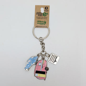 A keyring with a charm of a FJ Holden car, a pink caravan and the National Museum of Australia logo.