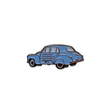 Pin with a vintage car design featuring 'National Museum of Australia' text on a white background.