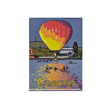 Fridge magnet with a colourful hot air balloon over water and 'Canberra' text.