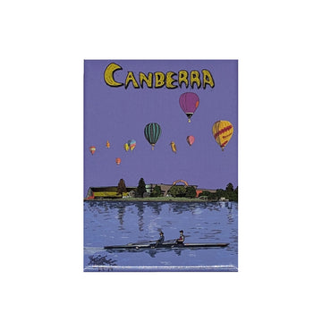 Illustration of Canberra with hot air balloons and two rowers on a lake.