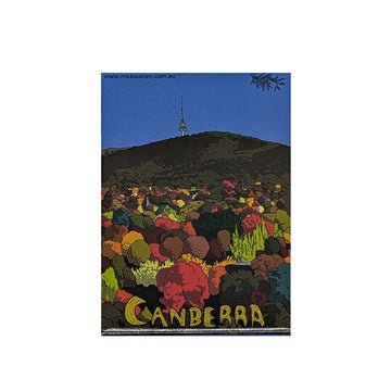 Colorful tree design with 'Canberra' text on a mountain background