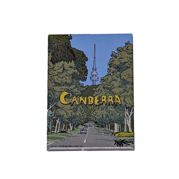 Magnet with illustration of a road flanked by trees and the word 'Canberra' on a white background