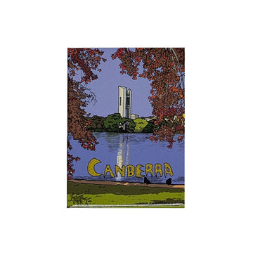 Fridge magnet with a scenic illustration view of a building and trees, featuring the word 'Canberra'.