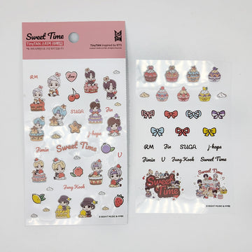 Two sheets of decorative stickers with cartoon characters and text on a white background.