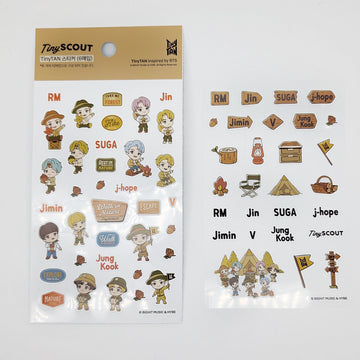 Sticker sheet with character illustrations and text on a white background.
