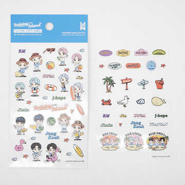 Sticker sheet with cartoon characters and text on a white background.