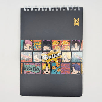 Black notebook with colorful character illustrations and text on a white background.