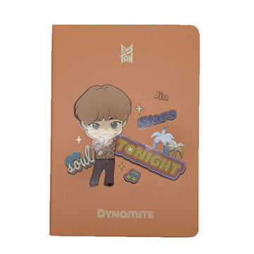 Notebook with cartoon character and text on a white background.