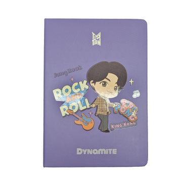 Purple notebook with cartoon character and text on a white background.