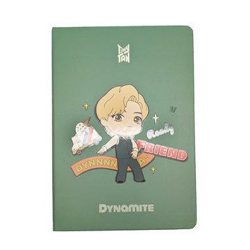 Green notebook with cartoon character and text on a white background.