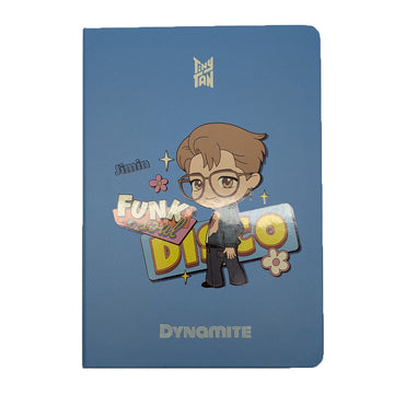 Blue notebook with a cartoon character and text on a white background.
