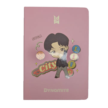 Pink notebook with a character illustration and text on a white background.