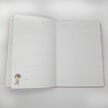 Pink notebook with a character illustration and text on a white background.