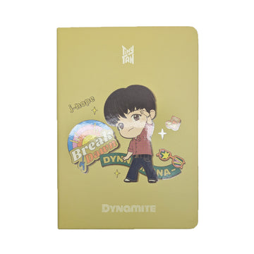 Notebook with cartoon character and colorful graphics on a white background.